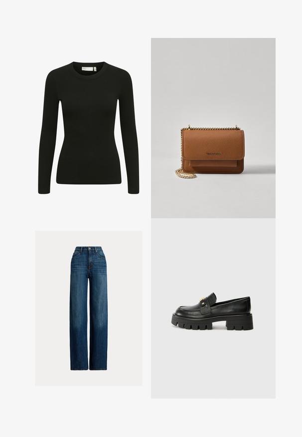 Juoda ilgarankovė, raguota palaidinė su apvaliu kaklu ir prigludusia forma. Medžiaga atrodo minkšta, su šiek tiek tamprumo ir subtilia tekstūra.; Platus džinsų kelnes tamsiai mėlynos spalvos. Pabrėžta aukšta juosmens linija, užsegamos mygtuku, su klasikinio penkių kišenių dizainu. Lygus paviršius su švelniu nudėvėjimu.; Juodi odiniai loafers batai su masyviu padu, papuošti auksiniu akcentu priekyje ir lygiu paviršiumi. Masyvi protektoriaus dizaino išvaizda padais.; Ruda tekstūruota odinė per petį nešama rankinė su auksiniu grandininiu dirželiu ir užlenkiamo užsegimo. Priekinėje pusėje yra logotipo detalė ir kišenė po užlenkimu.