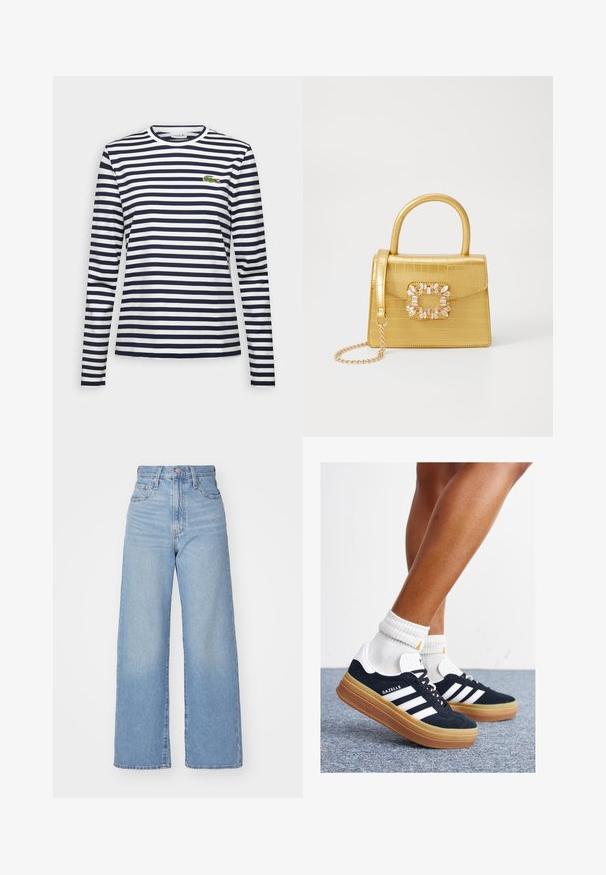 Langermet T-skjorte med marineblå og hvite horisontale striper, rund halsing, og brodert grønn krokodillelogo på brystet.; Lys blå høytlivs vide jeans med knapp- og glidelås lukking foran, foran og bak lommer, på en hvit bakgrunn.; Svarte sneakers i semsket skinn med hvite striper og detaljer, rund tå, yttersåle i gummigummi, kombinert med hvite ribbestrikkede crew-sokker.; Gul faux-krokodille veske med en strukturert design, toppen håndtak, avtagbar kjede stropp, og dekorativ krystallbortsettelse på låsen.