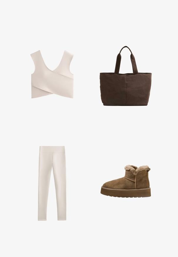 Bralet moale, bej, cu decolteu în V, bretele late și design înfășurat. Fabricat dintr-un material elastic cu cusături netede, minime.; Colanți bej deschis, confecționați dintr-un material neted și elastic. Au un talie înaltă și lată și o formă mulată, fără cusături sau modele vizibile.; Botine din suede maro, cu captuseala din blana sintetica, varf rotund si talpa groasa; prezinta o cusatura si un tab de prindere la spate.; Geantă din țesătură maro, cu două mânere rezistente, formă rectangulară, detalii de coasere minime și textură netedă.