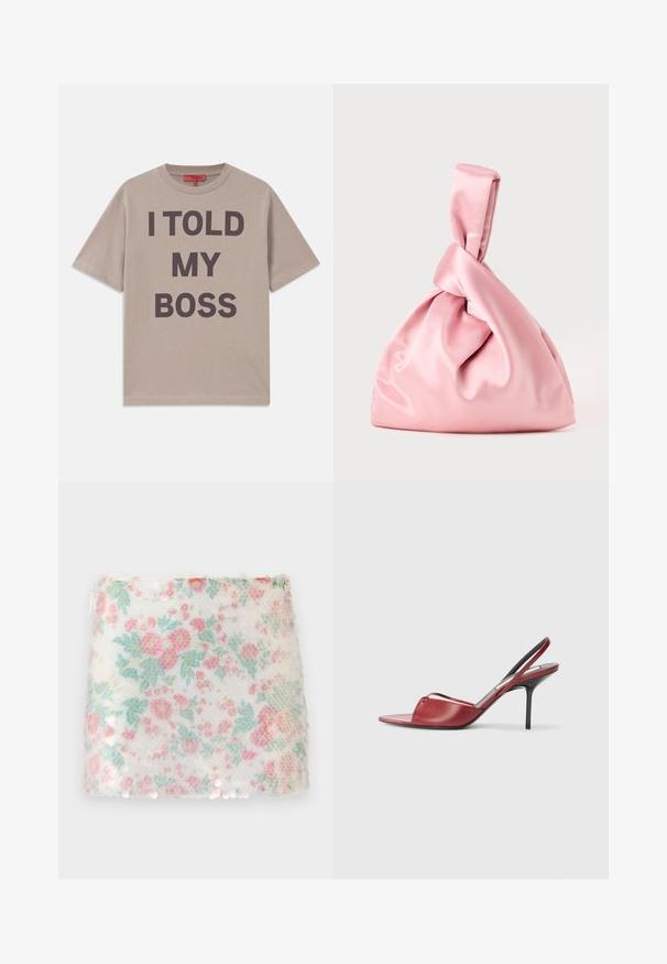 Beige puuvillane T-särk, lühikeste varrukatega, ümmarguse kaelusega, mille esiküljel on suurelt ja tumedalt trükitud tekst: "MA ÜTLESIN OMA ÜLEMUSELE".; Valkoinen kangas kukkakuviolla, jossa on vaaleanpunaisia ja vihreitä kukkia, teksturoitu pinta ja hienovaraiset kimalteet alareunassa.; Punainen nahkainen slingback-korkokenkä, jossa on terävä avoin varvasmuotoilu, ohut hihna jalkapöydän yli ja kapea stiletto-korko.; Vaaleanpunainen satiinikassi, jossa on solmittu yläosa, jonka pinnassa on sileä tekstuuri ja pehmeä, pyöreä muoto. Suunniteltu turvalliseksi, kerätystä ilmeestä.; Hopeaketju hopeasta, jossa on värikkäitä kivitä: punaista, vihreää, vaaleanpunaista ja sinistä. Rakeinen rengas, jossa on ulkonevia koristeita. Pyöreä muoto.