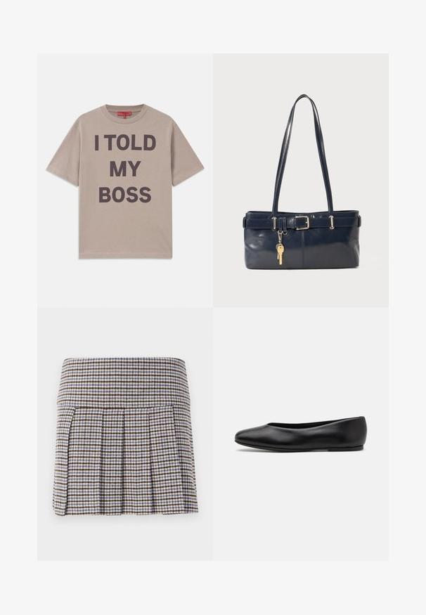 Beige cotton t-shirt, short sleeves, round neckline, featuring bold dark text: "I TOLD MY BOSS" printed prominently on the front.; Pleated skirt in a brown, beige, and blue check pattern. Made of a textured fabric with a fitted waistband and decorative pleats.; Paul Smith TOPANGA - Ballet pumps - black; Navy leather handbag with two long handles, a buckle detail, and a keychain attached. Features a smooth texture and a rectangular shape.