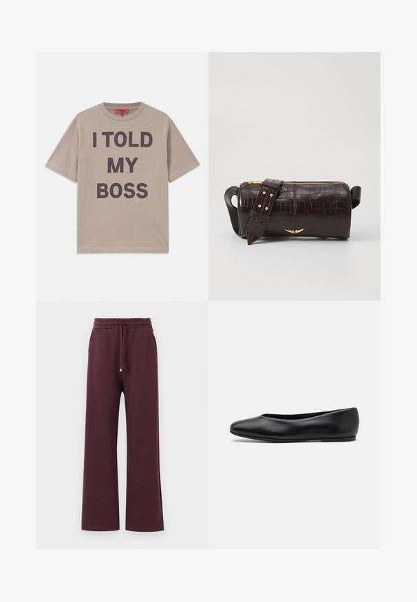 Beige puuvillane T-särk, lühikeste varrukatega, ümmarguse kaelusega, mille esiküljel on suurelt ja tumedalt trükitud tekst: "MA ÜTLESIN OMA ÜLEMUSELE".; Burgundiväriset leveälahkeiset housut, joissa on elastinen vyötärö, nyöri ja sivutaskut. Valmistettu pehmeästä, sileästä kankaasta, joka on löysästi istuva.; Paul Smith TOPANGA - Ballerinat - black; Ruskea krokotiilinkuosilla varustettu nahkalaukku, jossa on sylinterimäinen muoto, kultasävyiset yksityiskohdat ja irrotettava hihna, jossa on niittejä.