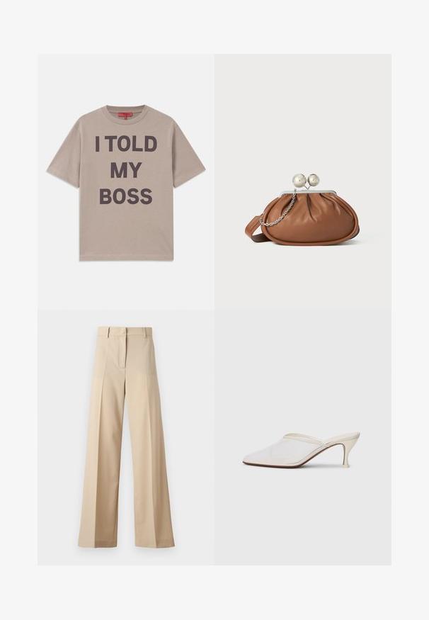 Beige puuvillane T-särk, lühikesed varrukad, ümmargune kaelus, mille esiküljel on silmatorkavalt trükitud paks must tekst: "MA ÜTLESIN OMA JUHILE".; Kreemikad laiad püksid, mis on valmistatud siledast kangast, millel on tasapinnaline esiosa koos voldikutega, lukuga esiosa ja vöökohale silmused. Üldine puhas istuvus.; Valge võrkmaterjalist teravatoa mulli king, millel on peen keskmise kõrgusega konts ja libisev disain, tühjal taustal.; Pruun nahast klambriga rahakott, millel on hõbedane palli klamber ja väike hõbedane kett detail, valgel taustal.