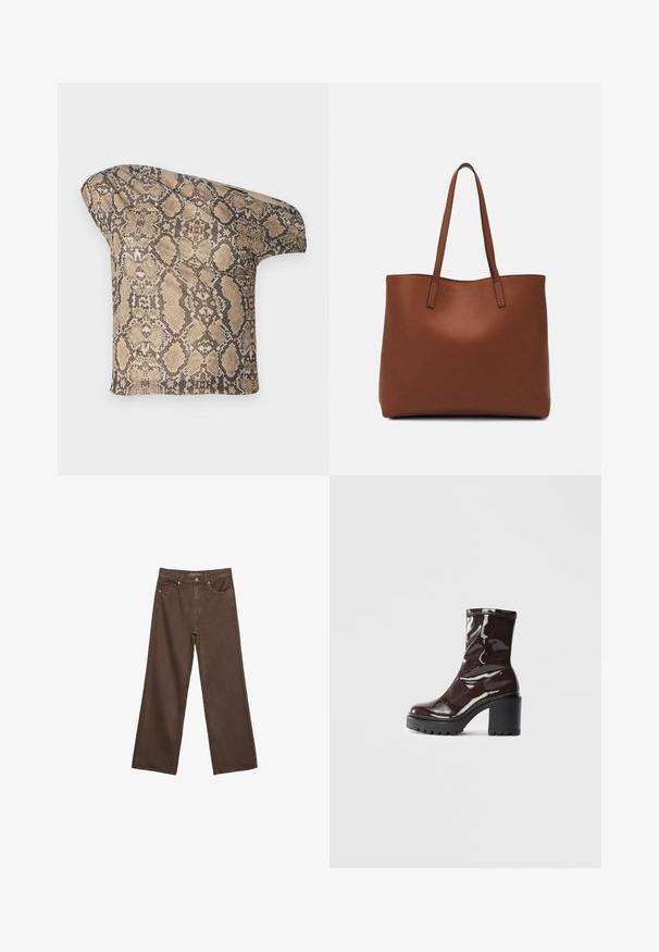 Pezzetto di tessuto a motivo di pelle di serpente beige e marrone, con una texture e una forma asimmetrica, progettato per un aspetto unico e moderno.; Jeans a gamba larga marroni in denim, con vita alta, tasche anteriori e chiusura a bottone classica. Tessuto liscio con cuciture sottili.; Stivale alla caviglia bordeaux lucido con un tacco spesso nero, caratterizzato da una superficie liscia e un design semplice. Nessuna chiusura visibile o motivo.; Borsa tote in pelle marrone con texture liscia, design con apertura superiore e due spallacci. Presenta cuciture minime e nessun hardware visibile.