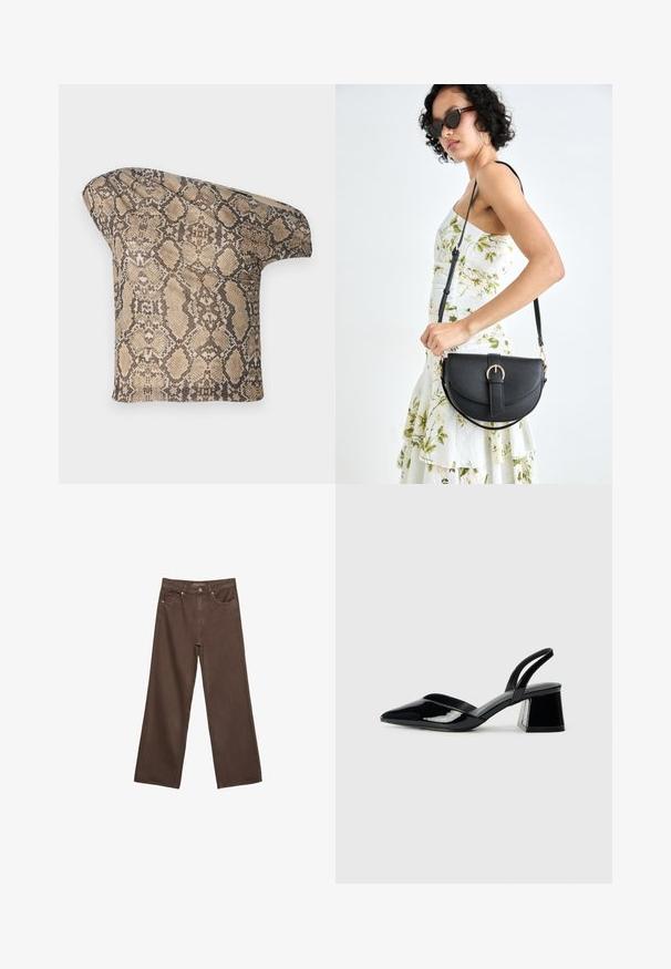 Kankaan pala, jossa on teksturoitu, beige ja ruskea käärmeennahkakuosi, epäsymmetrinen muotoilu, joka on suunniteltu ainutlaatuiseen ja moderniin ilmeeseen.; Leviittävät ruskeat farkut, jotka on valmistettu denimistä, korkea vyötärö, etutaskut ja klassinen nappikiinnitys. Silkkinen pinta hienovaraisella ompelutyöllä.; Mustat patentoitu nahkakengät, joissa on säären takaosa ja terävä kärki, sekä geometrinen palikkakorko. Sisältää tyylikkään, minimalistisen muotoilun ja sileän pinnan.; Musta nahkainen käsilaukku, joka on kaareva muotoilultaan, irrotettavalla hihnalla ja kultaisilla yksityiskohdilla. Laukussa on läppä, jossa on solk yksityiskohta.