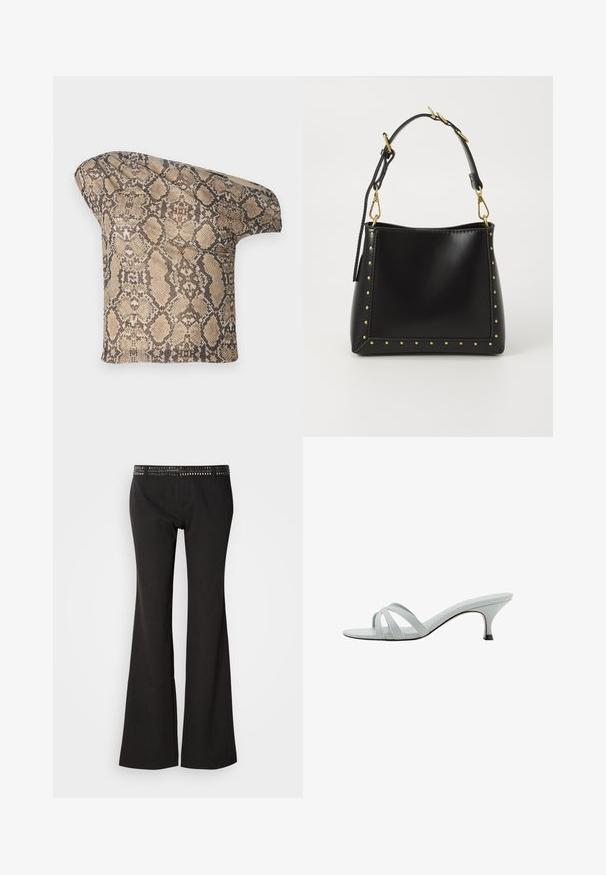 Textúrovaný kúsok látky s hnedo-bežovým hadím vzorom, s asymetrickým tvarom, navrhnutý pre jedinečný, moderný vzhľad.; Čierne zvonové nohavice s textúrovaným pásom zdobeným kovovými nitmi. Tkanina má jemný lesk a hladký povrch.; Svetlo šedé sandále na podpätku s tromi krížovými popruhmi, štíhlym profilom a zužujúcim sa podpätkom. Hladká textura s mierne lesklým povrchom.; Čierna kožená kabelka so štruktúrovaným tvarom, zdobená zlatými nitmi po obvode a odnímateľným popruhom so zlatými kovovými akcentmi.