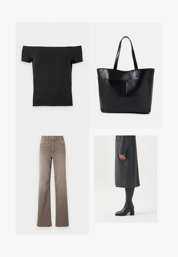 Top preto de ombros à mostra, com mangas curtas, feito de um tecido liso e elástico. Design simples, sem padrões ou acentos visíveis.; Jeans castanhos de cintura alta, de perna reta, com botão frontal, passantes para cinto e design clássico de cinco bolsos em fundo branco.; Casaco cinza, ajustado, com corte reto; combinado com botas de couro pretas até ao joelho, com biqueira quadrada e salto grosso.; Bolsa tote preta em couro com duas alças longas, textura suave e forma estruturada. Apresenta um bolso frontal para armazenamento adicional.