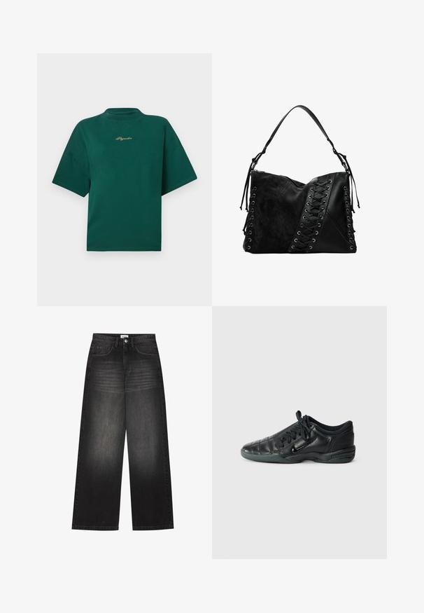Zelené bavlněné tričko s vysokým límcem, krátkými rukávy a vyšívaným logem ve zlaté barvě na hrudi. Jednoduchý, kvadratický design.; YOURTURN UNISEX - Baggy džíny - black denim; Černá kožená sportovní bota s prošívaným designem, zaoblenou špičkou, šněrováním vpředu a gumovou podrážkou. Na boku má nenápadné logo.; Desigual Taška s příčným popruhem - black; Stříbrný náhrdelník s jemným řetízkem a oválným přívěskem, který má složité detaily a malý akcent s drahokamem.