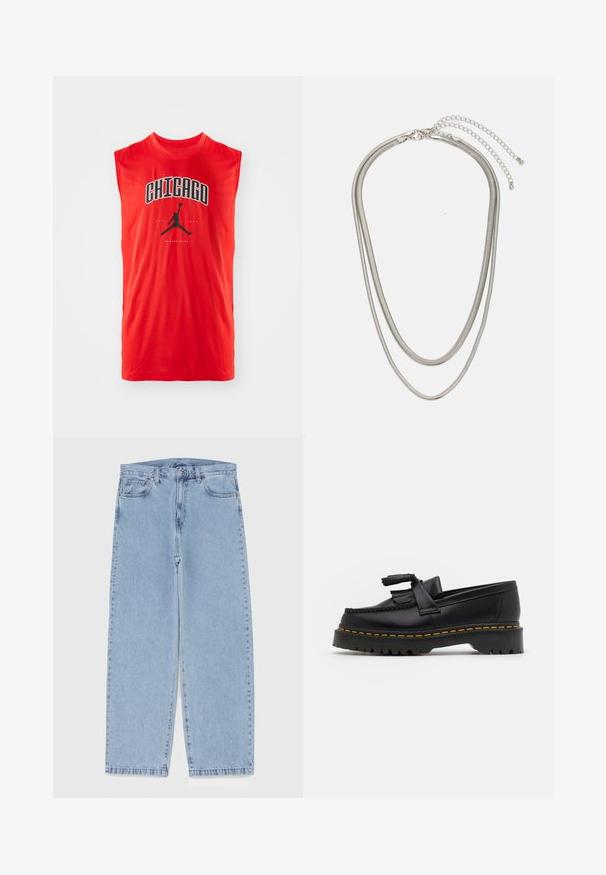 Punane ilmaühendustega spordisärk, millel on must "CHICAGO" tekst ja must Nike Air Jordan logo, mis on teksti all keskel. Sujuv, kerge kangas.; Heled sinise denimi sirgete põlvede lõikega teksad, millel on keskmise kõrgusega vöökoht, viis taskut ning nööbid ja tõmblukk.; Mustmust musta loafer, millel on frantsiisi aktsent, paks must tald ja kollane õmblus servas. Tekstuuriga viimistlus.; Kolmekihiline hõbedane metallkaelakee, mis on valmistatud peentest, paindlikest kettidest kerge läikega, kinnitatud krabi sulguri ja reguleeritava ketiga.