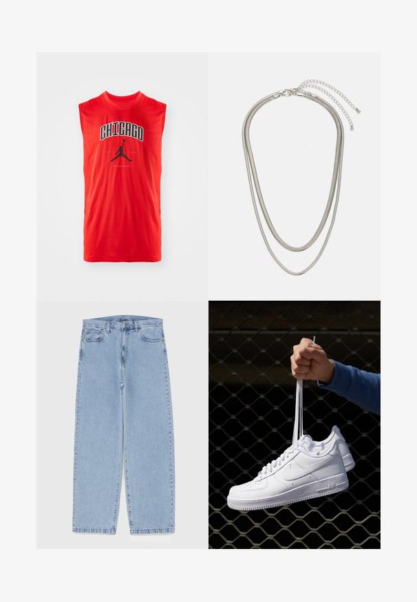 Czerwony bezrękawnik sportowy z czarnym napisem "CHICAGO" i czarnym logo Nike Air Jordan umieszczonym centralnie poniżej napisu. Gładki, lekki materiał.; Jasnoniebieskie dżinsy o prostym kroju nogawki, z średnim stanem, pięcioma kieszeniami oraz zapięciem na guzik i zamek błyskawiczny.; Białe skórzane sneakersy z perforacjami, okrągłym noskiem, płaską podeszwą i grubymi sznurówkami, z widocznym logo swoosh i napisem „AIR” na pięcie.; Trójwarstwowy naszyjnik ze srebrnego metalu z eleganckimi, elastycznymi łańcuszkami o delikatnym połysku, zapinany na karabińczyk i regulowany.