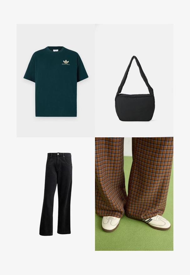 Mørkegrønn bomulls t-skjorte med rund hals, korte ermer og et gulltrykt logo med tre blader og ordet "BASKETBALL."; Svarte denimjeans med rette ben, med frontlommer, knappestenge og lett tekstur. Inkluderer en subtil logo-detalj.; Brune og blå rutete vide bukser sammen med hvite sko med svarte detaljer og teksturerte såler, satt mot en grønn bakgrunn.; Svart skulderveske med polstret tekstur, rund form og bred stropp, med et preget logo på forsiden.