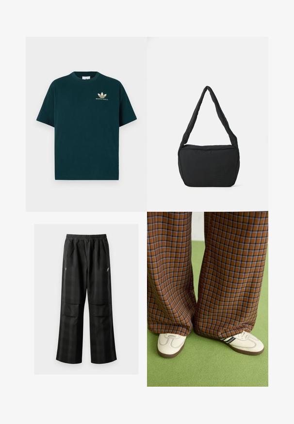 Mørkegrønn bomulls t-skjorte med rund hals, korte ermer og et gulltrykt logo med tre blader og ordet "BASKETBALL."; Svarte rutete bukser med elastisk midje, to frontlommer og løs passform med rett ben-design. Laget av lett materiale.; Brune og blå rutete vide bukser sammen med hvite sko med svarte detaljer og teksturerte såler, satt mot en grønn bakgrunn.; Svart skulderveske med polstret tekstur, rund form og bred stropp, med et preget logo på forsiden.