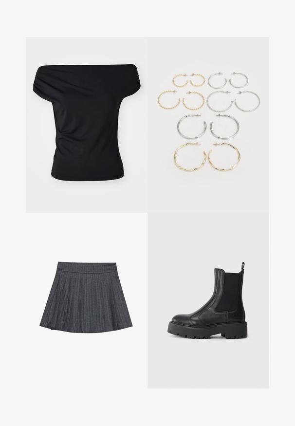 Top negru, decolteu off-the-shoulder, fabricat dintr-un material elastic. Prezintă detalii gather la umeri, o siluetă ajustată și un design de o singură culoare.; Fustă tip skater gri cu dungi subțiri, cu un talie ajustată, formă în evazat tip A și textură de țesătură moale. Liniile verticale sporesc interesul vizual.; Botine negre din piele cu panouri elastice pe laterale, vârf rotunjit și o talpă din cauciuc texturat, masivă. Dispune de un tab de prindere la spate.; Set de douăsprezece cercei cercei în nuanțe de argint și aur. Include modele răsucite, netede și texturate, cu dimensiuni și finisaje variate.