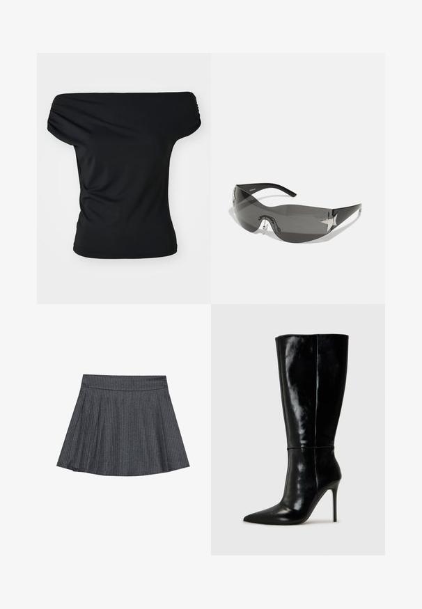 Svart av-shoulder topp laget av elastisk stoff. Har pyntede detaljer ved skuldrene, en tettsittende silhuett og ensfarget design.; Grå rutete skater skjørt med en tettsittende midje, utflared A-linjefasong og myk stofftekstur. Loddrette linjer øker den visuelle interessen.; Sorte skinnkne-høye støvler med spiss tå og høye stiletthæler. Glatt tekstur og elegant design, med minimal detaljering.; Sorte solbriller med en omsluttende design, mørkt tonede linser, skinnende stjernesymmetrier og justerbare nesepads.; Sett med tolv hoop øredobber i sølv- og gulltoner. Inkluderer vridde, glatte og teksturerte design med ulike størrelser og overflater.