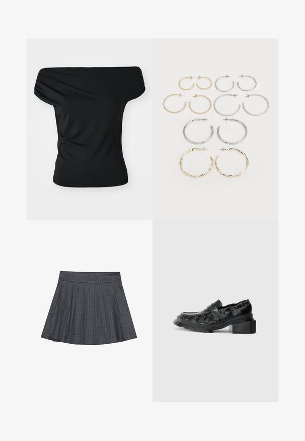 Must musta isetatud top venivast kangast. Omab kogutud detaile õlgadel, keha lähedast siluetti ja ühes toonis disaini.; Halli pinstriped skater seelik, millel on sobiv vöökoht, flared A-line kuju ja pehme kangas. Vertikaalsed jooned suurendavad visuaalset huvi.; Mustad nahast loafers, millel on struktureeritud tald, kergelt tõstetud plokknina konts ja tekstureeritud ülaserv, mis on kinnitatud ees oleva rihmaga.; Kaksitoista rõngaskõrvarõngast hõbe- ja kuldtoonides. Sisaldab keerutatud, siledat ja tekstureeritud disaini erinevates suurustes ja viimistlustes.