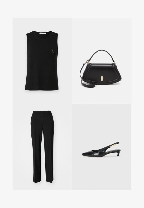 Schwarzes ärmelloses Oberteil aus leichtem Stoff. Verfügt über einen runden Halsausschnitt und ein kleines gesticktes Logo auf der linken Brust.; Schwarze, taillierte Hose mit geradem Bein, aus einem glatten Stoff und mit klaren Falten an der Vorderseite. Keine sichtbare Hardware.; Schwarze Leder-Slingback-Pumps mit spitzem Schuhblatt, ausgestattet mit einem schlanken Absatz und einem goldfarbigen Akzent am verstellbaren Riemen. Glatte Textur.; Schwarze Lederhandtasche mit einem strukturierten Design, das eine verkürzte Form, einen oberen Griff und goldfarbene Hardware-Details aufweist. Verstellbarer Schulterriemen ist enthalten.