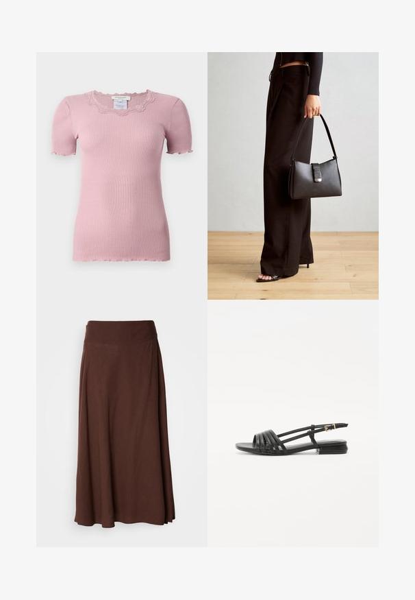 Ροζ ριχτό T-shirt με κοντά μανίκια, διακοσμημένο με λαιμόκοψη από πριγκιπική δαντέλα και ακατέργαστα περιθώρια στα μανίκια, κατασκευασμένο από μαλακό και ελαστικό υλικό.; Καφέ μάξι φούστα με λεία υφή, φαρδύ ελαστικό μπούστο και ρευστό σχέδιο, κατάλληλη για casual ή ημι-επίσημες περιστάσεις.; Μαύρες επίπεδες σανδάλες με σχέδιο με λουριά, που διαθέτουν πολλές δερμάτινες λουρίδες και ένα λεπτό κούμπωμα στον αστράγαλο. Η σόλα είναι επίπεδη και ορθογώνια.; Μαύρη τσάντα χειρός με δομημένο σχήμα, λεία υφή και μεταλλικό κούμπωμα. Συνδυασμένη με φαρδιά μαύρα παντελόνια και σανδάλια ανοιχτής μύτης πάνω σε ξύλινο πάτωμα.