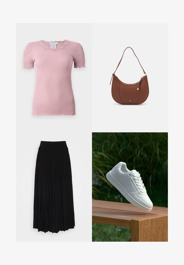 Camiseta corta de manga corta en color rosa con un escote de encaje con forma de concha y dobladillos de las mangas sin rematar, hecha de un material suave y elástico.; Falda negra con plisados y una cinturilla alta y elástica. Fabricada en una tela suave, presenta plisados verticales que crean una silueta fluida.; Zapatilla blanca con un upper sintético suave, caja de dedos perforada, cordones planos y una suela texturizada, exhibida sobre una superficie de madera.; Bolso de hombro de imitación cuero marrón con forma curva, costura mínima y un acento de hardware en tono dorado. Presenta un cierre de cremallera en la parte superior y una correa ajustable.
