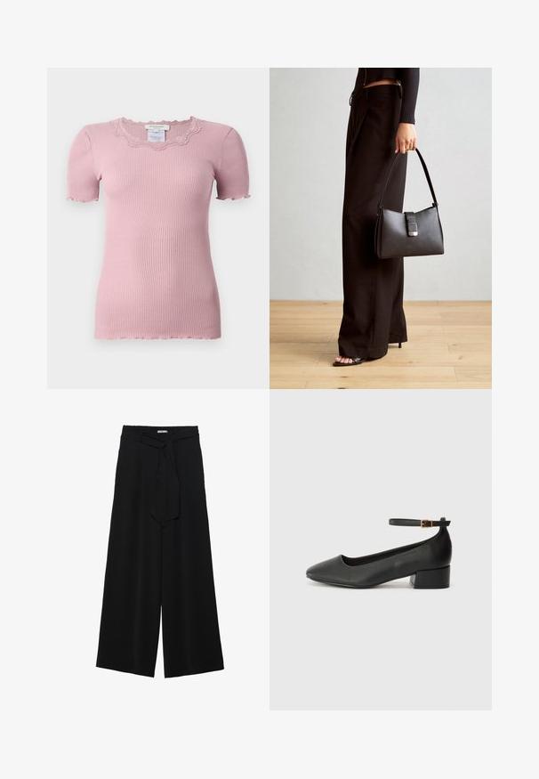 Rožinė, raukšlėta trumpomis rankovėmis marškinėliai su nėriniu užapvalintu iškirpimu ir raw-edge rankovių kraštais, pagaminti iš minkštos, elastingos medžiagos.; Juoda plačių kojų kelnės, pagamintos iš tekstūruoto audinio, su elastingu juosmeniu ir atsegamu diržu juosmenyje, leidžiančiu reguliuoti dydį.; Juodas odinis aukštakulnis batelis su smailiu pirštu ir žemu bloku. Su kulkšnies dirželiu su auksinės spalvos sagtimi. Lygus paviršius.; Juodas rankinė struktūrizuota forma, lygi tekstūra ir metalinis užsegimas. Suporuota su plačiomis juodomis kelnėmis ir atvirais bateliais ant medinių grindų.