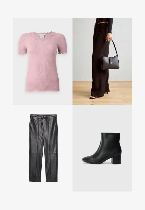 T-shirt rosa de mangas curtas com textura de canalé, apresentando um decote de renda em forma de ondas e mangas com bordas cruas, feito de um material suave e elástico.; Calças de pele preta com uma textura suave, apresentando um ajuste reto, dois bolsos frontais e detalhes de costura visíveis.; Botas de tornozelo em pele preta com bico pontiagudo e um salto robusto. Textura suave com acentos mínimos e um design ajustado e elegante.; Bolsa preta com forma estruturada, textura suave e um fecho metálico. Combinada com calças largas pretas e sandálias de salto aberto sobre um chão de madeira.