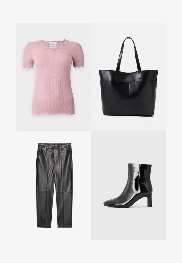 Roosa ribiga lühikeste varrukatega T-särk, millel on laineline pitsist kaelus ja toore servaga varrukate ääred, valmistatud pehmest ja venivast materjalist.; Mustad nahkpüksid sileda tekstuuriga, sirge lõikega, kahe eesmine taskuga ja nähtavate õmblusteta.; Must-sinine nahkjalats musta läikiva viimistlusega, millel on terav nina ja keskmise kõrgusega plokk konts. Sile tekstuur ja minimalistik disain.; Must mustaga musta nahast, millel on kaks pikka kanda, sile tekstuur ja struktureeritud kuju. Esipoolsel on lisakoti jaoks tasku.