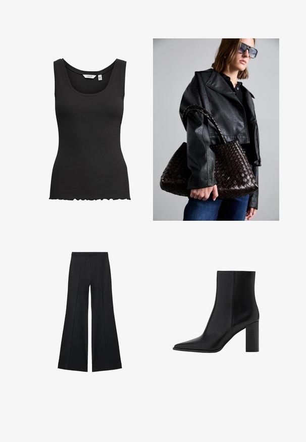 Svart ribbad linne med rund halsringning och scalloped fåll. Tillverkad av stretchigt tyg, den har breda axelband för extra komfort.; Svarta vida byxor med en slät textur, med framfickor och skräddarsydd design. Tyget är lätt och flödande.; Svart läderankelboot med spetsig tå, fyrkantig klack, slät yta och sömnadsdetaljer längs sömmarna. Klacken mäter cirka 8,9 cm.; DRAGON DIFFUSION SANTA CROCE BIG - Handväska - dark brown