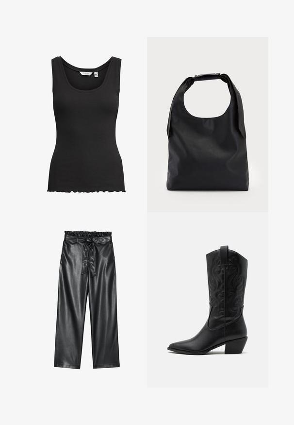 Mustan raidoitetun hihattoman paidan pyöreä pääntie ja aaltoileva helma. Valmistettu joustavasta kankaasta, jossa on leveät olkaimet mukavuutta varten.; Mustat tekonahkaleggingsit, joissa on joustava, röyhelöillä varustettu vyötärö ja irrotettava solmiovyö. Sileä pinta ja minimaalinen kiilto.; Musta nahkasaapas cowboy-malli, jossa on terävä kärki, kohokuvioituja pyörteileviä kuvioita ja keskikorkea korko. Varustettu vetoketjulla helppoa pukeutumista varten.; Musta nahkainen hobo-laukku, jossa on yksi pehmeä, pyöreä kahva; ominaisuuksina sileä pinta ja minimalistinen muotoilu. Ei näkyvää metalliosaa tai koristeita.; Hopea renkaankorvakoru kiiltävällä pinnalla, jossa on pieniä kultaisia yksityiskohtia ja pyöreä muoto, käytetty korvalla.