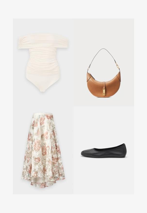 Õlgadelt avatud, kreemjas ujumistrikoo, millel on rühmide disain, sujuva tekstuuriga ja alt nööbiga kinnitamine.; Lille lille seelik läbipaistvas kangas, millel on kõrge madal serv, pastelltoonides roosad, valged ja rohelised lilled kreemival taustal.; Musthave mustika tantsutossud mustast nahast, ümmarguse varbaga, siledast tekstuurist, minimaalse õmblusdetailiga ja paindliku tallakujundusega.; Klassikaline pruun nahast käekott, millel on kumer kuju, kullatud metallist detailid ja õhuke õlarihm. Kotil on lukuga sulgemine ja logo detail esiküljel.