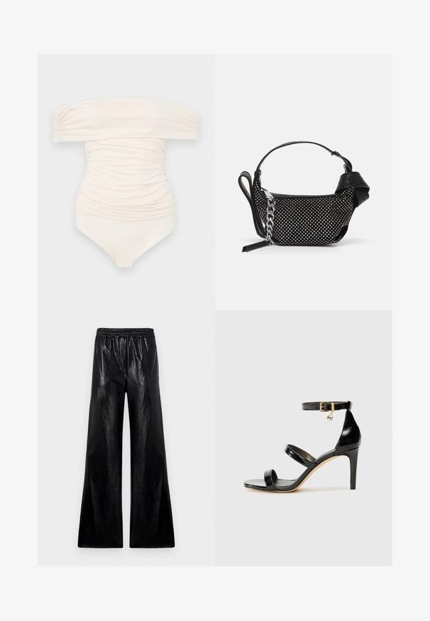Traje de baño color crema, sin mangas, con un diseño arrugado, que presenta una textura suave y un cierre a presión en la parte inferior.; Pantalones de pierna ancha hechos de material negro brillante con una cintura elástica. La tela tiene una textura suave y un ligero brillo.; Sandalia de charol negro con tres correas, hebilla en el tobillo y tacón de aguja de 10 cm. Presenta detalles de hardware en oro y un charm con el logo.; Bolso de mano negro con adornos de tachuelas, una correa de cadena y un asa de cuero suave, con forma redondeada y compartimento con cremallera.