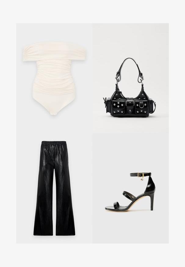 Off-the-shoulder, cream-colored swimsuit with a ruched design, featuring a smooth texture and snap closure at the bottom.; Wide-leg pants made of glossy black material with an elasticated waistband. The fabric features a smooth texture and slight sheen.; Black patent leather sandal with three straps, ankle buckle, and 4-inch stiletto heel. Features gold hardware detail and logo charm.; Black leather handbag with a curved design, featuring silver studs, a buckle, and two side pockets. Adjustable strap for carrying options.