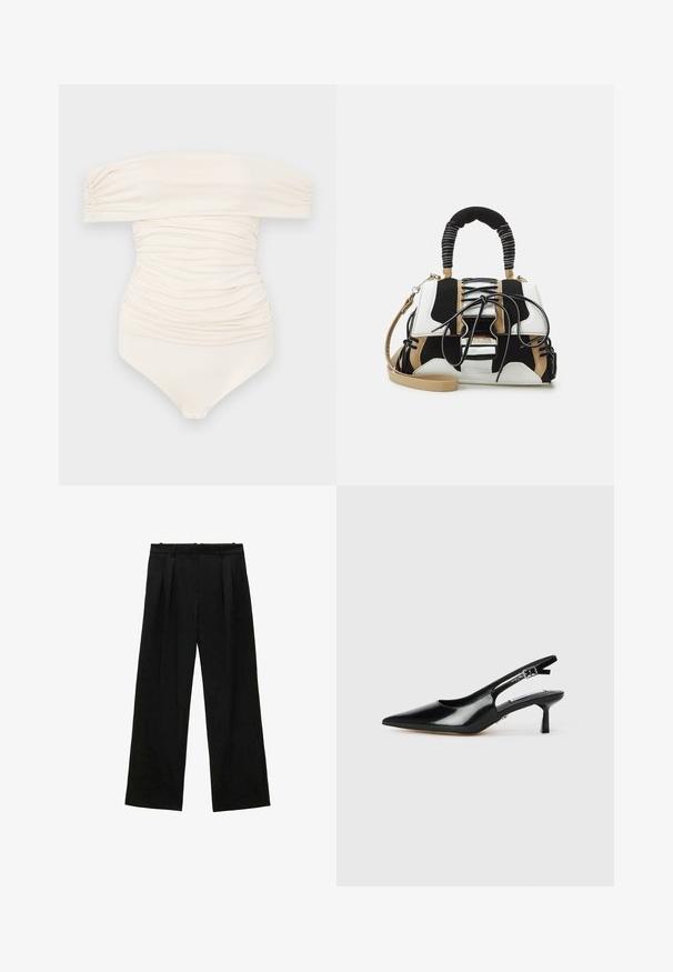 Off-the-shoulder, cream-colored swimsuit with a ruched design, featuring a smooth texture and snap closure at the bottom.; Black wide-leg trousers with pleats, featuring a smooth texture and a high waist design. Minimalist style, no visible hardware or embellishments.; Black patent leather slingback heels with a pointed toe, thin heel, and adjustable buckle strap. Smooth texture with minimal detailing.; Multicolored handbag with black, white, and beige mesh. Features a textured handle, lace-up design, and detachable shoulder strap.