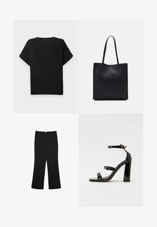 Čierne tričko s krátkym rukávom vyrobené z mäkkej látky, s okrúhlym výstrihom a uvoľneným strihom, s prešitým lemom a bez viditeľných vzorov.; Čierne nohavice so strihom rovného strihu, s prednými vreckami a bočnými rozparkami na leme. Vyrobené z mäkkej, hladkej tkaniny. Vhodné na rôzne príležitosti.; Čierne lakované sandále na podpätku so štvorcovou špičkou, navlečenými remienkami okolo členku a striebornými prackami. Disponujú masívnym blokovým podpätkom pre stabilitu.; Čierna kožená taška na rameno s hladkým povrchom, obdĺžnikovým tvarom a dvoma dlhými uchami. Bez viditeľného kovania alebo ozdôb.