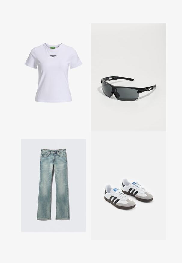 Valkoinen puuvillainen t-paita, jossa on pyöreä kaula-aukko, lyhyet hihat ja musta graafinen kuvio edessä. Yksinkertainen, klassinen leikkaus.; Vaaleansiniset farkut, joissa on kevyt kuluminen, viisi taskua, nappikiinnitys ja suorat lahkeet valkoista taustaa vasten.; Urheilukengät, joissa on valkoinen nahkainen päällinen, harmaa mokkanokka ja kolme mustaa raitaa. Ominaisuuksina sininen logo kielekkeessä ja kuvioitu kumipohja.; Mustat urheilulasit kaarevilla linsseillä, kevyestä muovista valmistettu kehys ja teksturoidut tempurit. Tyylikäs muotoilu integroidulla nenäosalla.; Musta kudottu nahkabag, jossa on rento muotoilu, ja jossa on solmittu hihna sekä pieni koristeellinen kultatappi ylhäällä.