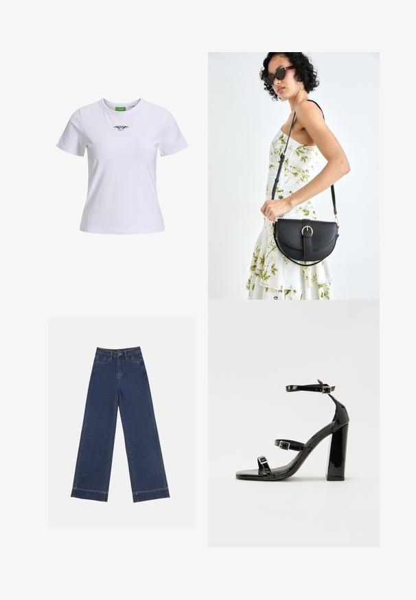 Fehér pamut póló kerek nyakkivágással, rövid ujjakkal, az elején fekete grafikai tervezéssel. Egyszerű, klasszikus fazon.; Sötétkék denim széles lábú farmernadrág. Öt zsebbel, övhurkokkal és nyers szegéllyel az alján, amelyen látható varrási részletek találhatók.; Fekete lakk magas sarkú szandál négyzet alakú orral, bokapántokkal és ezüst csatokat tartalmaz. Masszív blokk sarka a stabilitásért felel.; Fekete bőrtáska ívelt formával, levehető pánttal és arany színű fémrészekkel. A táskán egy csattal díszített fedél található.