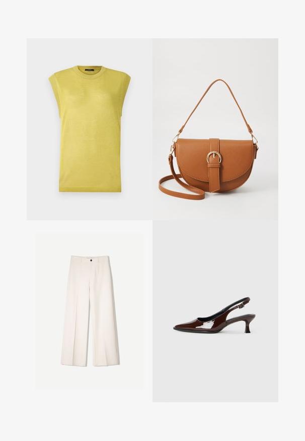 Rukávový žltý pletený top s okrúhlym výstrihom, ktorý má mierne textúrovanú látku a rebrované detaily na okrajoch ramien.; Krémové široké nohavice s nohavicami na mieru, s dvoma prednými vreckami a jedným predným zapínaním na gombík, vyrobené z hladkej tkaniny.; Hnedá lakovaná slingback obuv s špicatou špičkou a mierne vysokým opätkom. Obsahuje pracku pre bezpečné upevnenie. Hladká textúra.; Hnedá kožená kabelka cez telo s zakriveným tvarom, zlatými kovovými doplnkami a akcentom s prackou. Obsahuje odnímateľný ramenný popruh.
