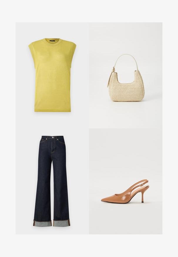 Top giallo senza maniche con scollatura rotonda, caratterizzato da un tessuto leggermente testurizzato e dettagli a costine sui bordi delle spalle.; Vero Moda VMTESSA WIDE FOLD UP - Wide Leg - dark blue denim; Tacco slingback a punta affusolata in un materiale tan liscio e lucido. Presenta un design con ritaglio curvo e un sottile tacco a stiletto. Dettaglio con fibbia argentata.; Borsa a tracolla intrecciata in paglia di colore beige, con una forma curva, manico corto e zip laterale. Presenta una superficie texturizzata e un design minimalista.
