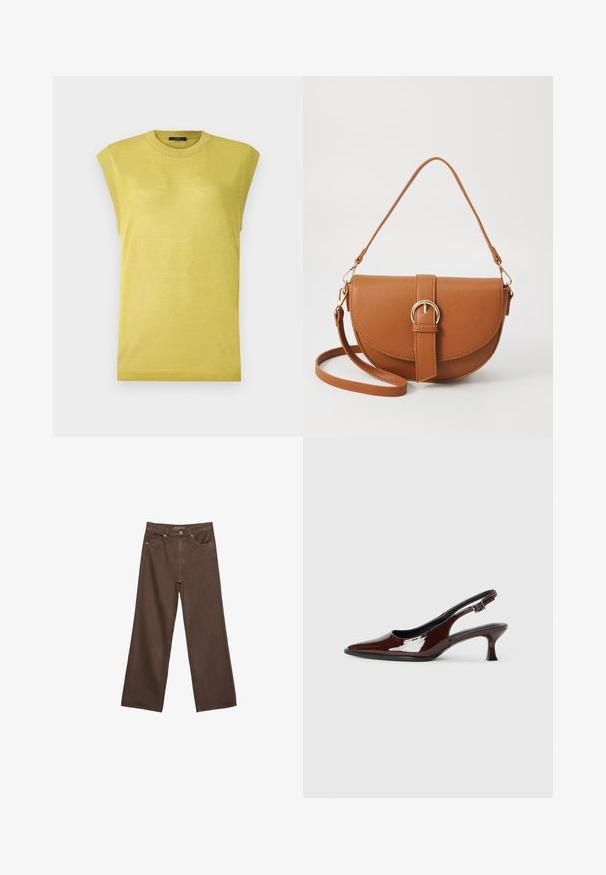 Bezrokavni rumeni pleteni top z okroglo izreza, ki ima rahlo teksturirano blago in rebraste poudarke na robovih ramen.; Široke rjave kavbojke iz denima, ki imajo visok pas, sprednje žepe in klasično zapiranje na gumb. Gladka tekstura s subtilnim šivom.; Rjavi lakirani slingback čevelj z ostro konico in zmerno peto. Ima zaponko za varno prileganje. Gladka tekstura.; Rjava usnjena torbica prek telesa s ukrivljeno obliko, zlate opreme in sponko. Ima odstranljiv naramni trak.