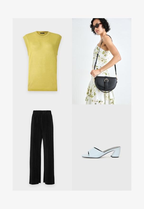 Sleeveless yellow knit top with a round neckline, featuring slightly textured fabric and ribbed accents on the shoulder edges.; Black pleated trousers with an elastic waistband. Features wide legs and a smooth, textured fabric with vertical stripes.; Light blue open-toe heeled mules with a geometric design, featuring a wide strap across the foot and a chunky, angular heel.; Black leather handbag with a curved shape, detachable strap, and gold hardware. The bag features a flap with a buckle detail.