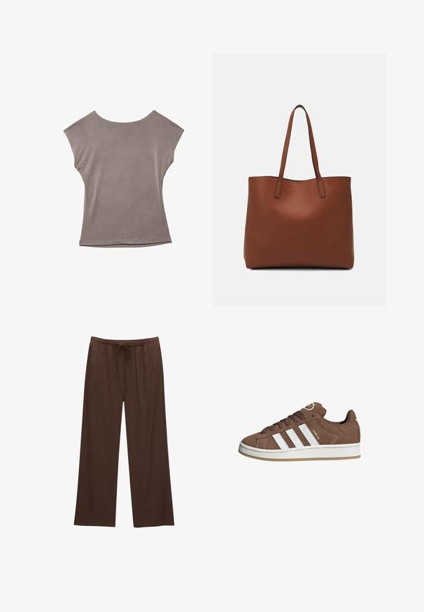 Gray short-sleeve top, relaxed fit, lightweight fabric, smooth texture, wide round neckline, minimal seams, and hemmed edges.; Brown wide-leg pants made from soft fabric, featuring an elastic waistband with a drawstring and two side pockets.; Brown suede sneakers with white leather stripes, rubber sole, rounded toe, and lace-up front. Features a logo on the tongue and perforated accents.; Brown leather tote bag with a smooth texture, open top design, and two shoulder straps. Features minimal stitching and no visible hardware.
