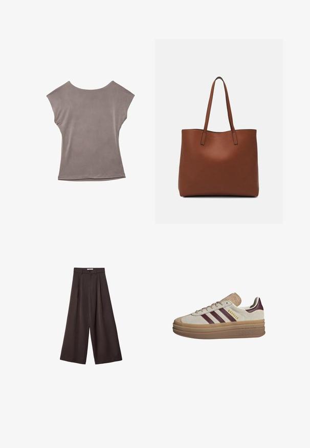 Top grigio a maniche corte, vestibilità rilassata, tessuto leggero, texture liscia, ampio scollo rotondo, cuciture minimali e bordi rifiniti.; Pantaloni neri a gamba larga con vita alta, caratterizzati da pieghe frontali e chiusura con bottone in vita, realizzati in tessuto liscio.; Sneakers in suede beige con strisce bordeaux, dettagli bianchi, una suola traslucida spessa e un logo in rilievo sul lato. Design con lacci.; Borsa tote in pelle marrone con texture liscia, design con apertura superiore e due spallacci. Presenta cuciture minime e nessun hardware visibile.