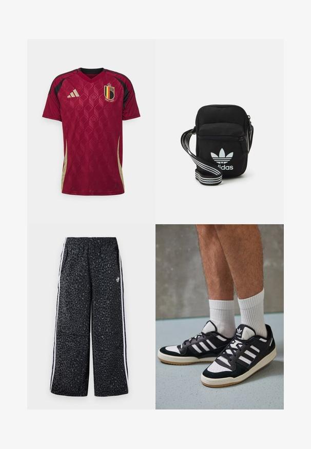 adidas Performance BELGIUM 24 HOME - Nogometni dres - burgundy; adidas Originals GRAPHIC UNISEX - Donji dijelovi trenirke - black; Crne i bijele tenisice s gornjim dijelom od antilopa i kože, s tri bijele pruge, perforiranim prstom i gumiranim potplatom.; Crna crossover torba od tkanine sa zatvaračem, sa bijelim Adidas logotipom i prugastim podešivim remenom za lako nošenje.