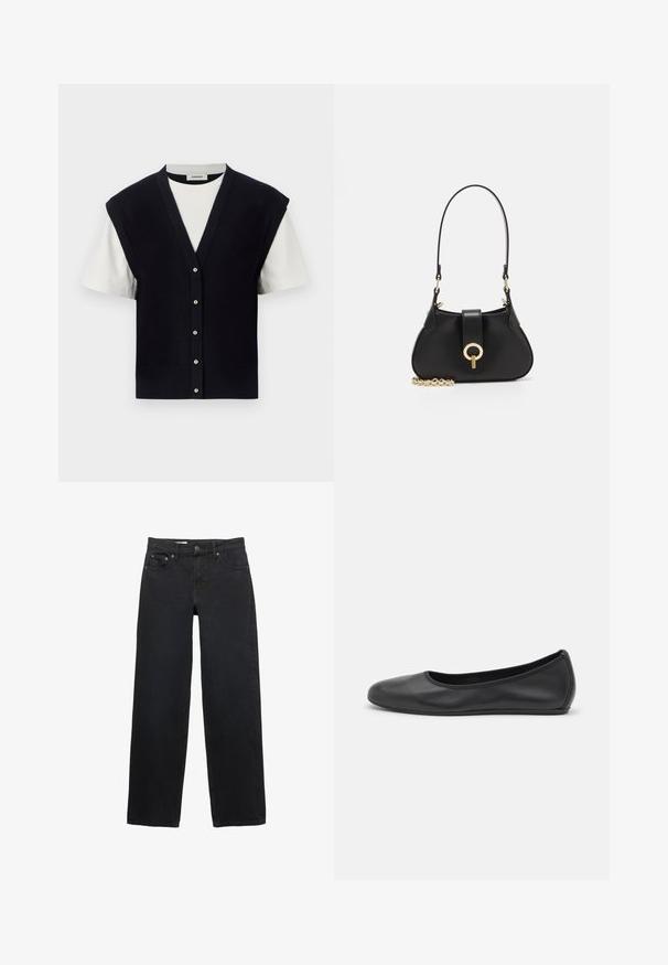 sandro JONAS - Printtipaita - noir; Mustat leveät farkut denimistä, joissa on viisi taskua, nappikiinnitys, hillitty ompelu ja suora leikkaus vyötäröstä helmaan.; Musta nahkainen ballerina, jossa on pyöristetty kärki, sileä pinta, minimaalinen ommelkoristelu ja joustava pohjamuotoilu.; sandro JANET - Käsilaukku - noir