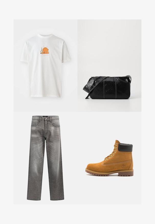 T-shirt branca de algodão com decote redondo. A parte da frente apresenta um personagem de desenho animado laranja rodeado por flores e texto em rosa.; Calças largas em ganga cinzenta com acabamento desbotado, design clássico de cinco bolsos e fecho com botão metálico. Tecido texturizado com detalhes subtis de desgaste.; Botim de tornozelo em camurça bege com colarinho acolchoado preto, ilhós de metal dourado, detalhes de costura branca e sola de borracha robusta com sulcos pronunciados.; Bolsa de ombro em couro preto com fecho em zíper, apresentando um corpo texturizado, costura branca e uma alça com ilhós prateados.