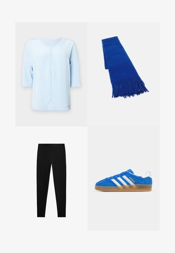 Hellblaues Kurzarmoberteil aus weichem Stoff. Verfügt über einen Rundhalsausschnitt und eine zentrale Nahtdetail. Minimale Verzierungen am Saum.; Hellblau- und weißgestreiftes Hemd mit Kragen, Knopfleiste und langen Ärmeln. Der Stoff scheint glatt und leicht zu sein.; Schwarze Leggings aus dehnbarem Stoff mit hoher Taille und einem glatten, nahtlosen Design, geeignet für verschiedene Aktivitäten.; Blaue Wildleder-Sneaker mit weißen Streifen und "Gazelle"-Text. Verfügt über eine Sohlen aus Gummi und strukturierte Akzente im Obermaterial. Klassisches Design.; Blauer gewebter Schal mit fransigen Enden, glatter Textur, rechteckiger Form und einheitlicher Farbe. Geeignet für kaltes Wetter.; Schwarze Leder-Hobo-Tasche mit einer glatten Textur, geschwungener Form und einem einzelnen verstellbaren Tragegurt; verfügt über eine weite Öffnung am oberen Ende.