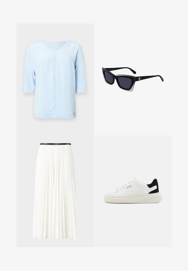 Jasnoniebieski top z krótkim rękawem wykonany z miękkiej tkaniny. Posiada okrągły dekolt i centralny szew. Minimalne zdobienia przy krawędzi.; Plisowana biała spódnica z czarnym elastycznym pasem z logo "LACOSTE". Średniej długości, o miękkiej teksturze.; Białe skórzane sneakersy z grubą białą podeszwą, czarnym zamszowym akcentem na pięcie oraz wytłoczonym logotypem z boku. Projekt z sznurówkami i sześcioma dziurkami.; Czarne, oversize okulary przeciwsłoneczne o geometrycznym kształcie, z ciemnymi soczewkami i kontrastującym szarym detalem na oprawie. Logo na ramieniu.