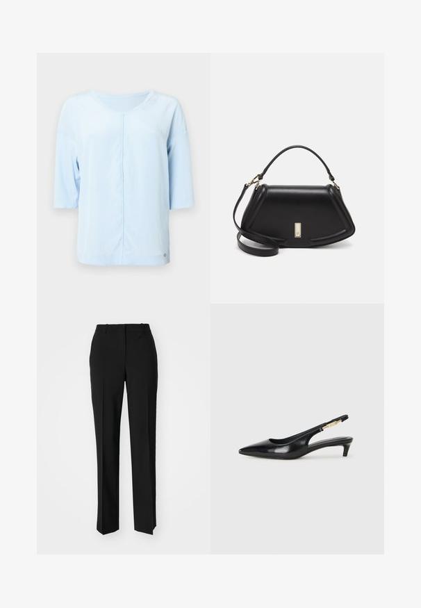 Light blue, short-sleeve top made from soft fabric. Features a round neckline and a central seam detail. Minimal hardware at the hem.; Black tailored trousers with a straight-leg design, featuring a smooth texture and crisp creases along the front. No visible hardware.; Black leather slingback heels with a pointed toe, featuring a slim heel and a gold-tone accent on the adjustable strap. Smooth texture.; Black leather handbag with a structured design, featuring a cropped shape, top handle, and gold hardware accent. Adjustable shoulder strap included.