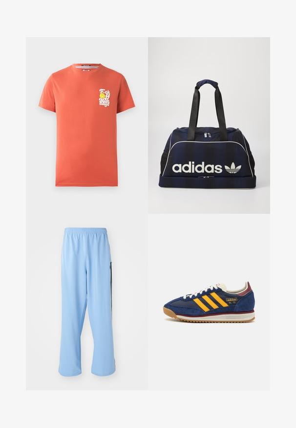 Lühikese varrukaga t-särk korallivärvi puuvillast. Ees on valge graafika tekstiga ja naeratava näoga vasakul rinnaosas. Ümar kaelus.; Heledad sinised sportlikud püksid, mis on valmistatud siledast kangast, featuring elastne vöökoht ja kontrastsed mustad küljeribad.; Tumed sametist tenniset kollaste triipudega, valgete paeltega ja burgeoone aktsentidega. Tekstureeritud tallal on sooned haardeks. Brändi logo küljel.; Tumesinine duffel kott valge Adidas logo'ga, millel on lukuga ülemine osa, kaks vastupidavat musta käepidet ja külgmised võrkpocketid. Sile kangatekstuur.