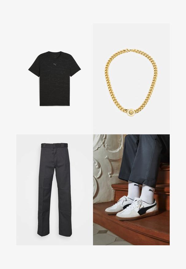 Must on lühikeste varrukate ja tekstuuriga muster, millel on rinnal väike valge Puma logo. Ühtlane valge taust.; Mustadest kangast püksid, mis on valmistatud vastupidavast materjalist, sirge jala disainiga, vöökoha jaoks nööbid ja õmblused lisatekstuuri saavutamiseks.; Puma tossud valgest ja mustast südamikust, millel on pruun kummi tall. Kombineeritud valgete sokkidega, millel on must logo, kantud tumedate pükstega.; Kuldne kett kaelakee suurte omavahel ühendatud linkidega, mille keskel on ringikujuline ripats, millel on kõrgendatud emblem.