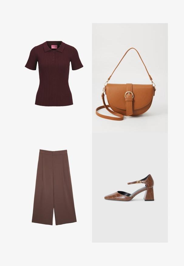 Burgundijska kratka polo majica s rebrastim uzorkom, s četiri gumba i šiljastim ovratnikom, prilagođenog struka, te JJXX ružičastom oznakom unutar ovratnika.; Rjave široke hlače z gladko teksturo, ki imajo visok pas in sprednje naborke. Tkanina je lahka in prosto pada.; Rjavi lakirani čevlji na visoki peti z kvadratnim toejem, teksturiranim krokodilnim vzorcem, trakcem okoli gležnja z zlatim zaponko in debelim petom.; Rjava usnjena torbica prek telesa s ukrivljeno obliko, zlate opreme in sponko. Ima odstranljiv naramni trak.