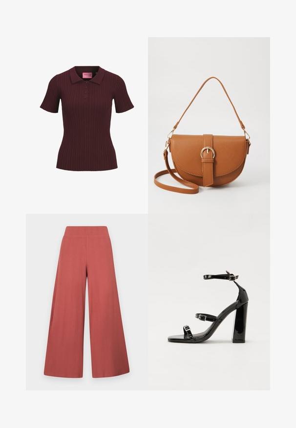 Burgundy kortärmad ribbad polotröja med fyra knappar och spetskrage, figursydd midja och JJXX rosa etikett innanför kragen.; Vida byxor i rostfärg, gjorda av texturerat tyg med vertikal ribbning. Har en hög, elastisk midjeresår.; Svarta lackerade högklackade sandaler med två spännband, fyrkantig tå och en tjock klack, med en slät och glansig yta.; Brun läder crossbody-väska med en böjd form, gyllene detaljer och en spänneaccent. Har en avtagbar axelrem.